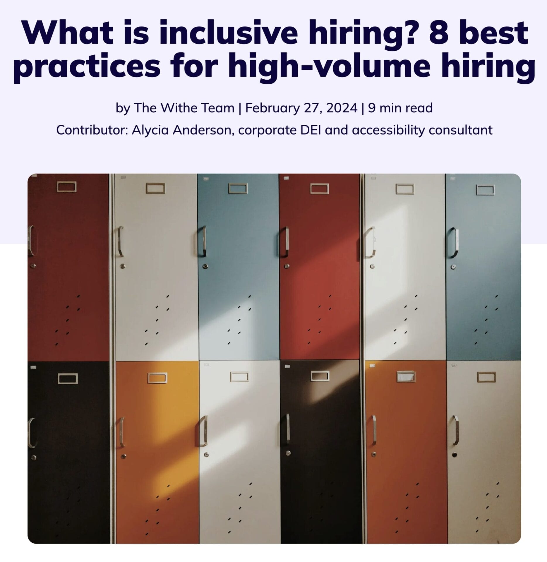 Image Description: Lockers of various colors with a title What is inclusive hiring? 8 best practices for high-volume hiring.